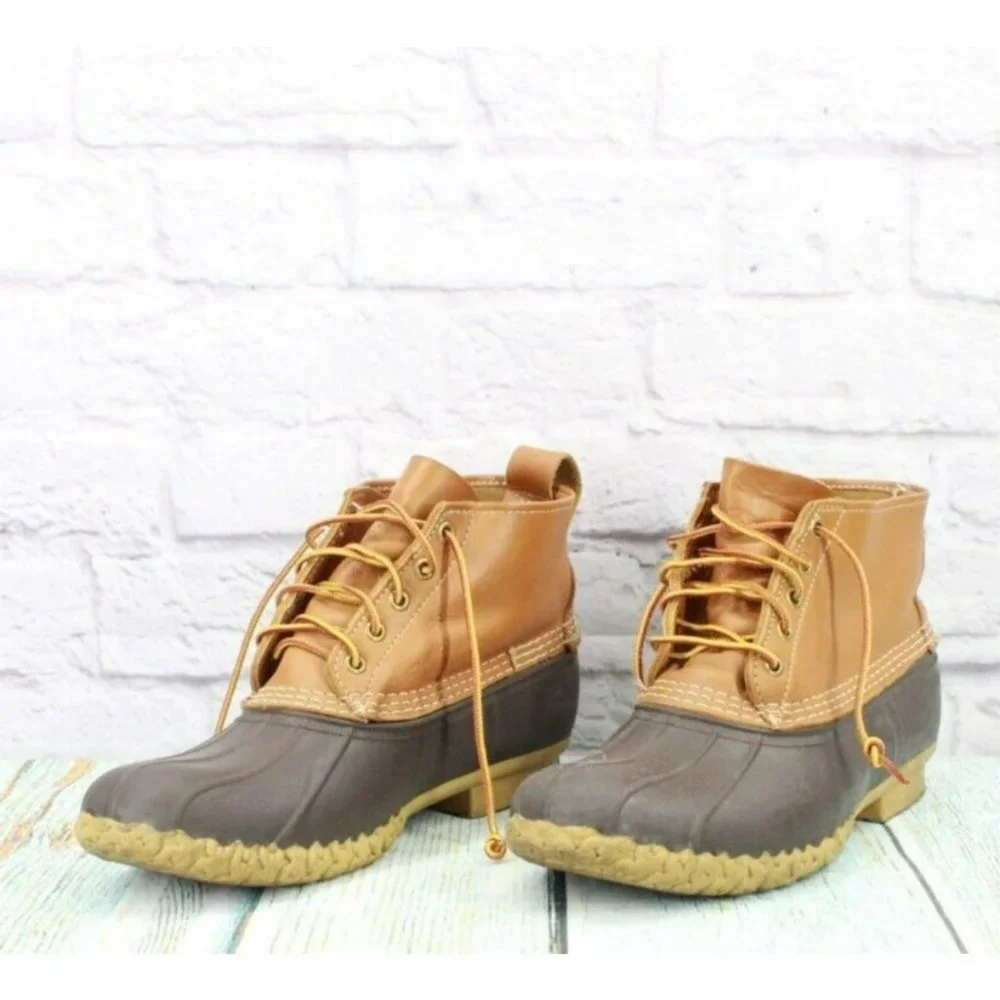 LL Bean Brown Leather Lace Up Round Toe Ankle Duck Boots Size 10 N (B) - Picture 2 of 9